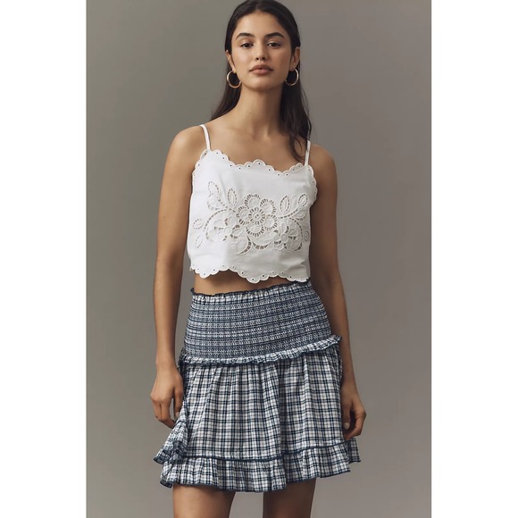 Maeve Dresses & Skirts - Maeve Anthropologie Plaid Smocked Mini Skirt Blue White Ruffle Tiered XS NEW